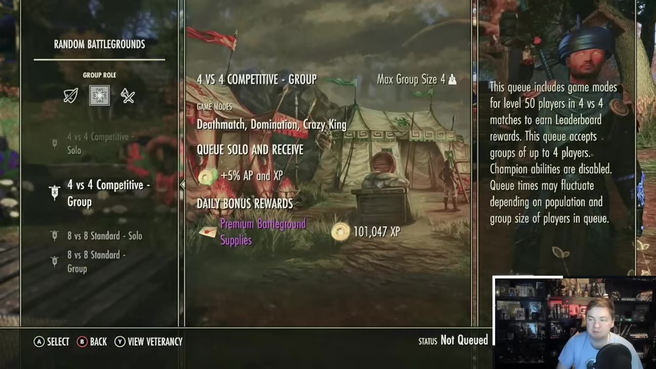 Gameplay showing battleground selection menu with options for 4v4 and 8v8 matches.