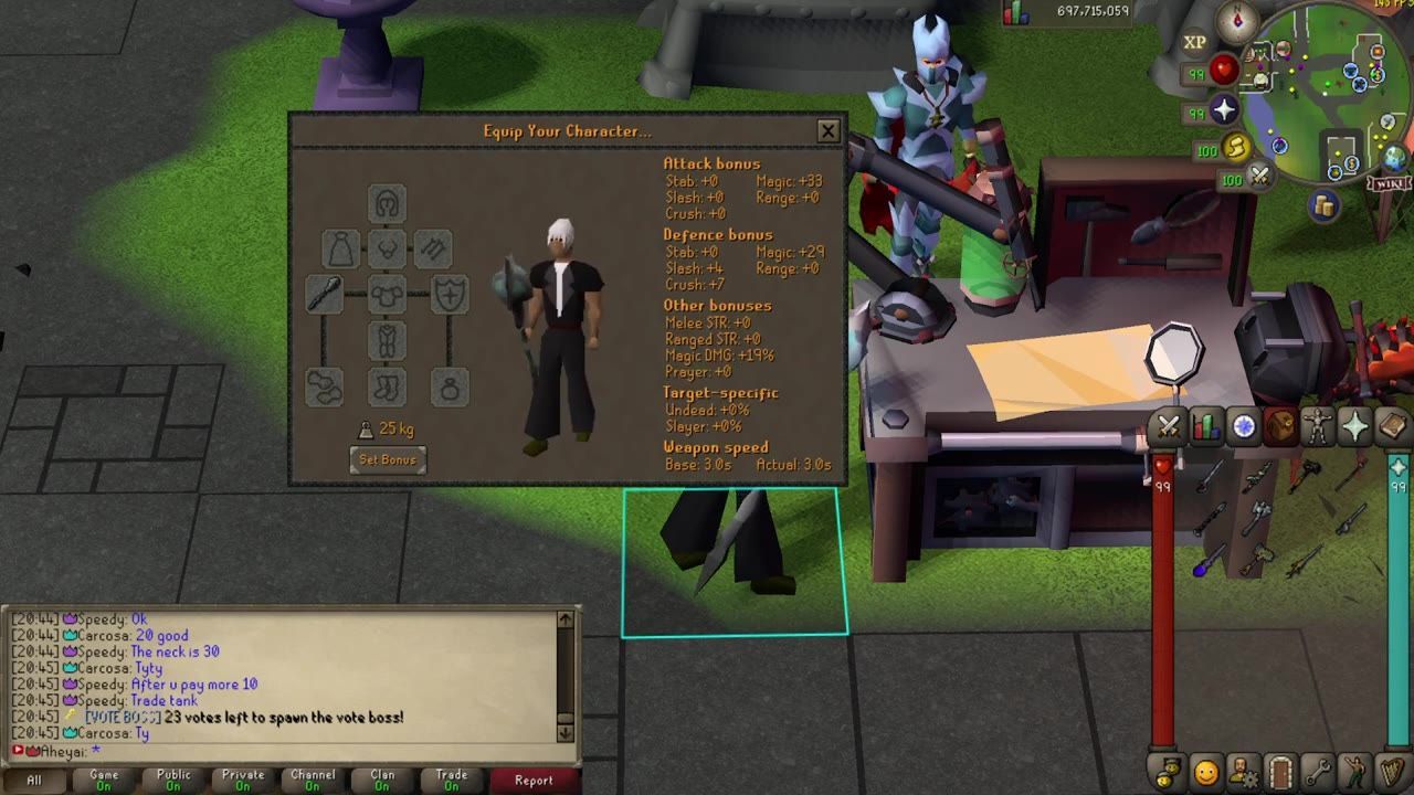 A character equipment interface showing gear stats in a game with a character model holding a staff.