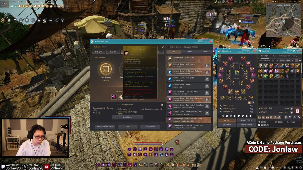 Detailed game interface showcasing reforge stones and equipment setup prioritizing AP, crit, and accuracy.