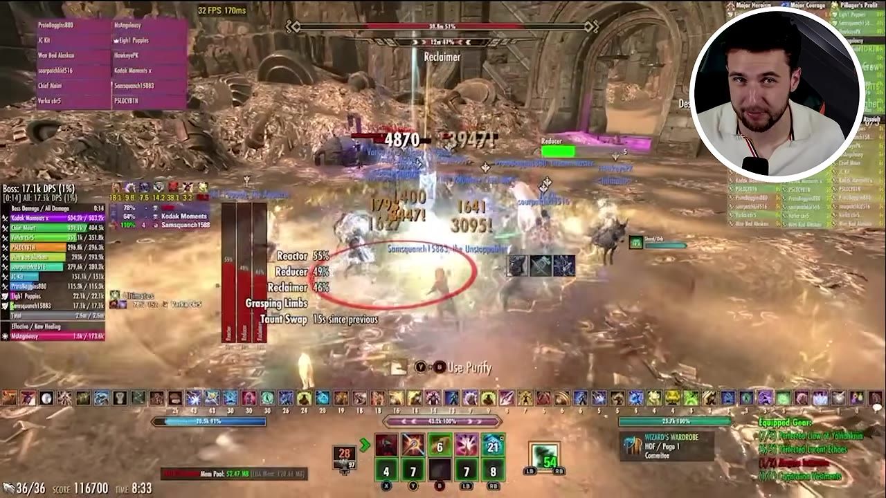 An Elder Scrolls Online trial fight is shown with a boss health bar, raid frames, damage meters, and a tank swap timer on screen.