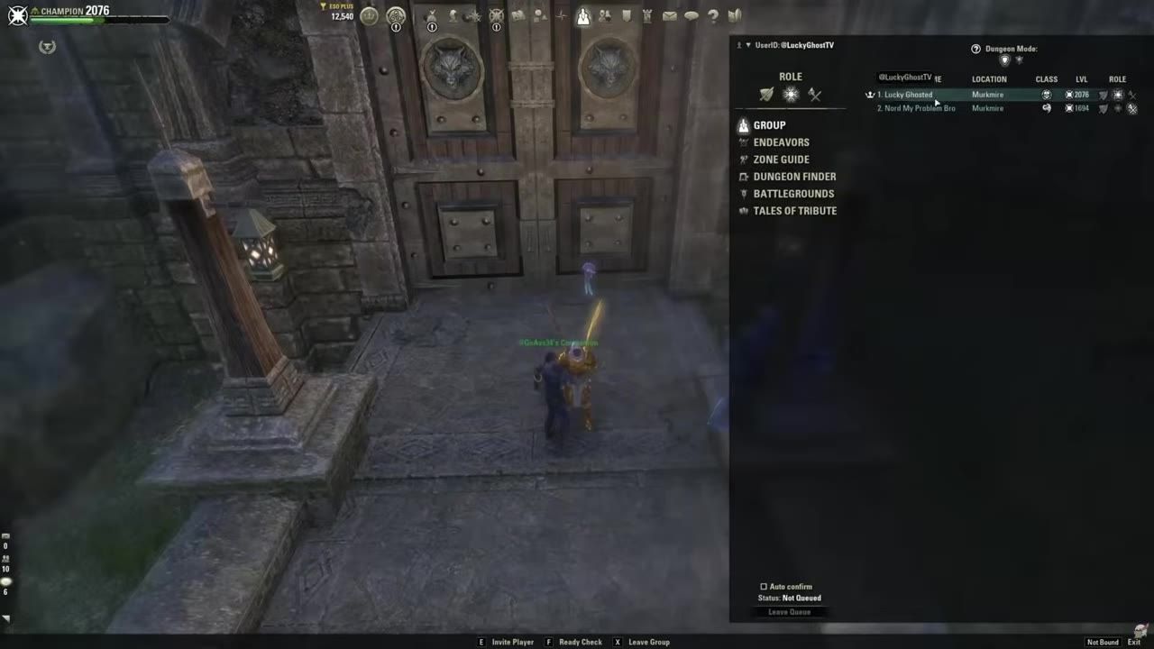 Game interface showing a character in a dungeon near a large door with the party menu open displaying group details.