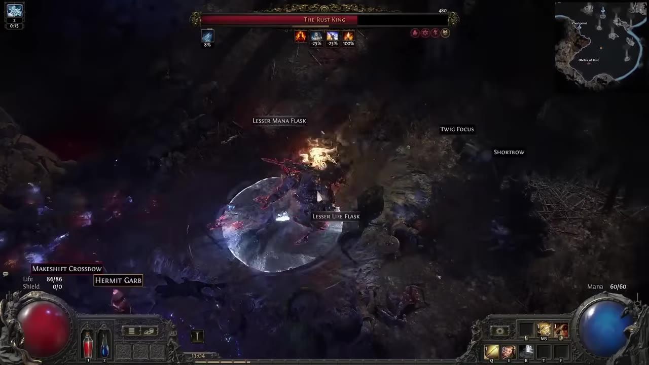Action shot showing the Rust King boss performing an explosive slam attack in a dark area.
