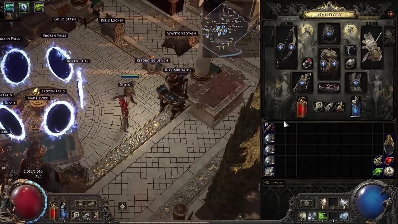 A game scene showing inventory with equipped gear and items, map device area, and character stats.