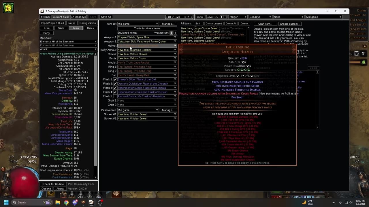 Interface of Path of Building with gear and statistics overview highlighted, showing Taming and Fledgling items.
