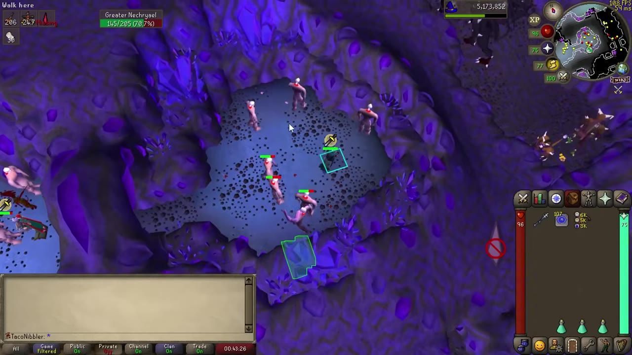 A game screenshot showing a player fighting creatures in the Catacombs of Kourend.