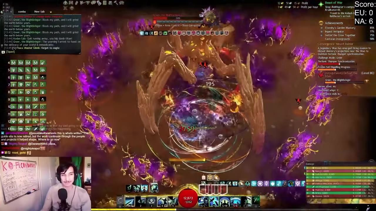 A boss fight in Janthir Wild Convergence shows Greer the Blightbringer centered on the screen with the player’s skill bars, squad UI, and combat effects around it.