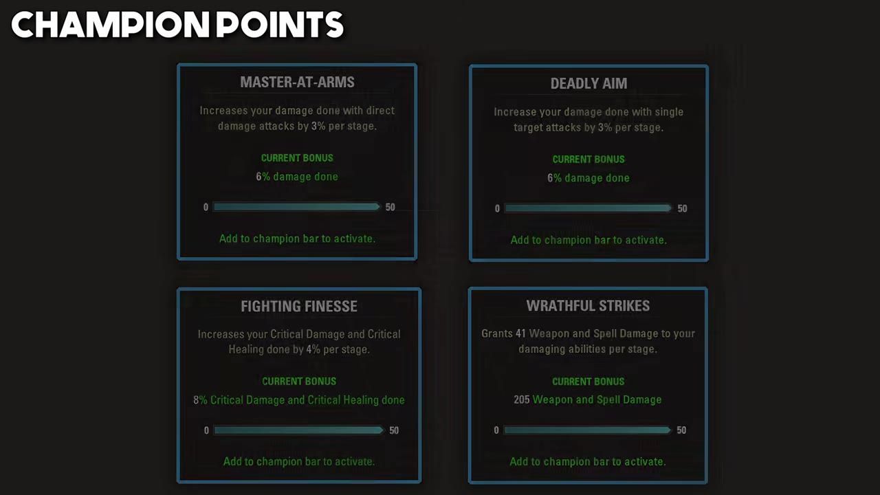 The Champion Points interface in a game, showing Master at Arms and Deadly Aim selected among other options.