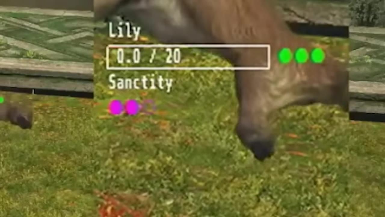 A gameplay interface displaying a sanctity gauge with a numerical value and three green pips.