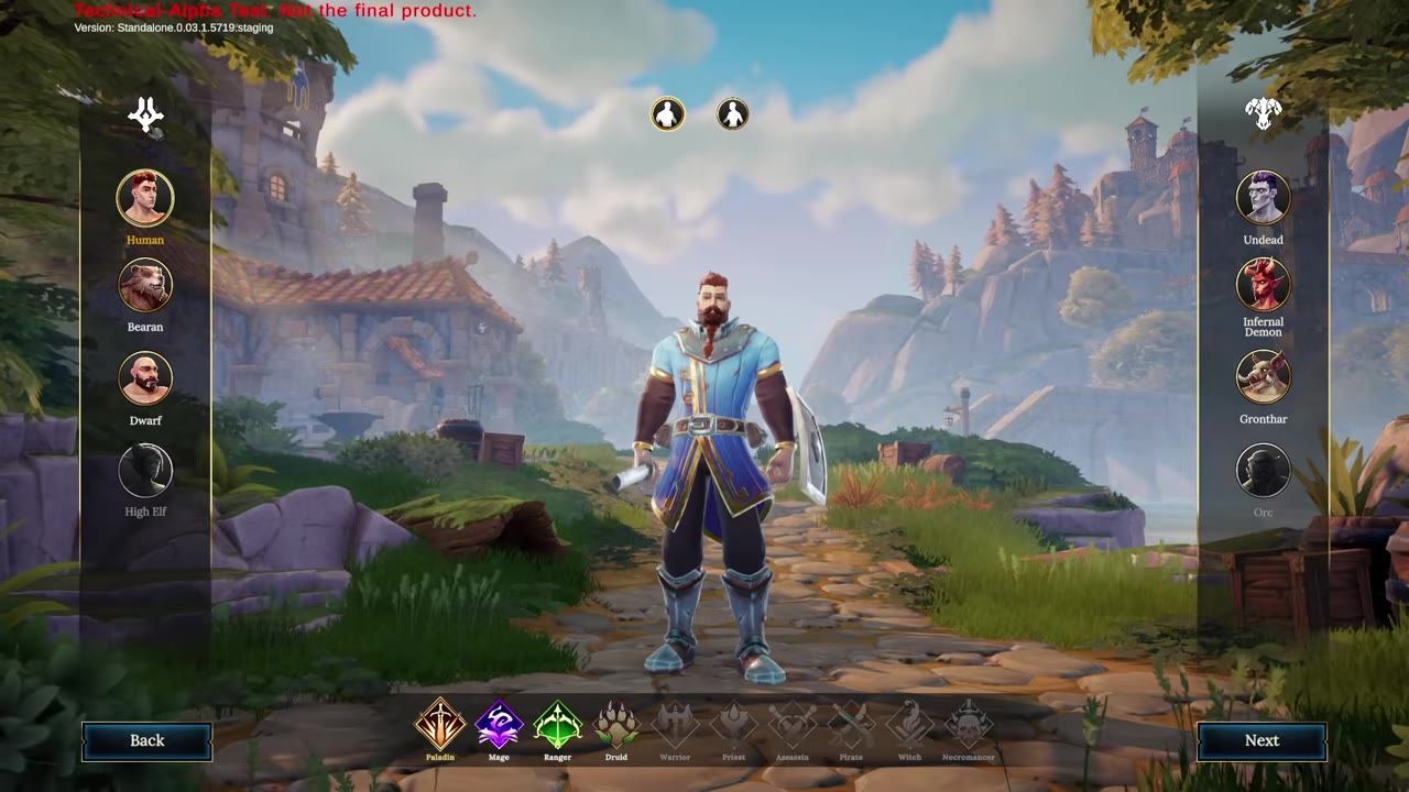 Character creation screen showing race options and available classes.