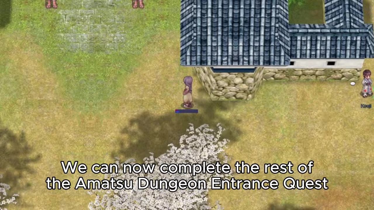 A character stands near a building in Amatsu with large on-screen text about completing the rest of the Amatsu Dungeon Entrance Quest.