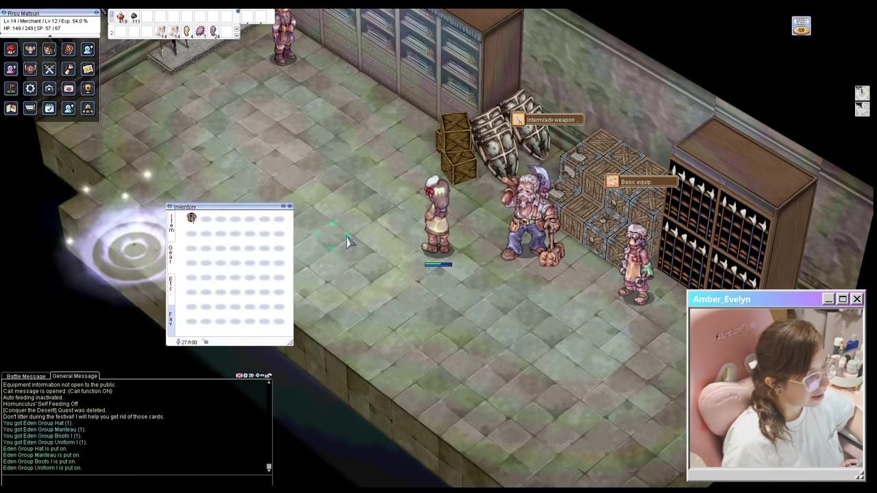 A Ragnarok Online character stands in an equipment room with NPCs offering basic equipment, while inventory and chat windows are open.