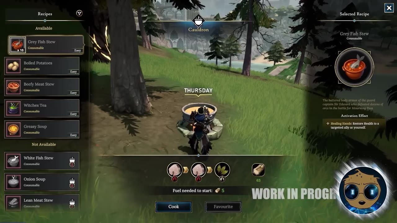 Game interface showing a crafting menu for making 'Grey Fish Stew', with a list of available recipes and ingredients to start cooking.