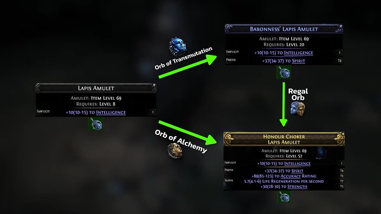 A game interface showing crafting steps for upgrading an item to a higher rarity using specific in-game materials.