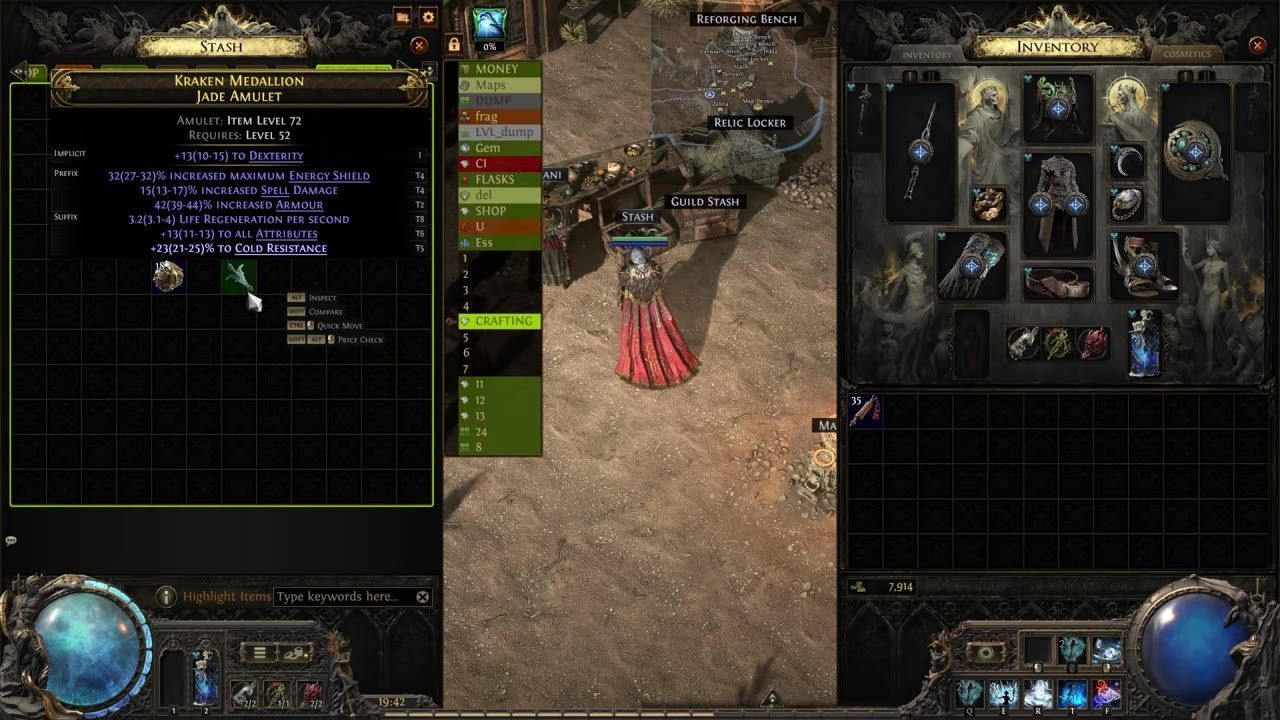 A crafting scene with a Kraken Medallion Jade Amulet shown in a stash, displaying multiple combined modifiers.