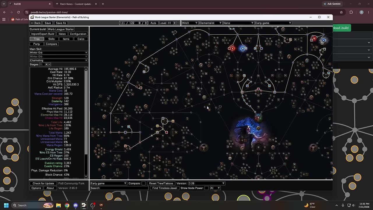 Game interface showing a skill tree with crit nodes highlighted in Path of Building software.