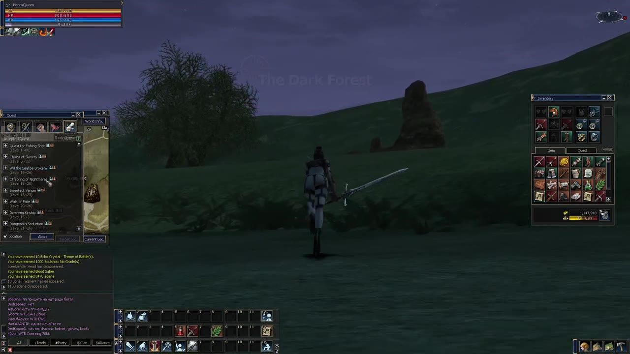 A character runs through a dark forest with the quest log open, showing available quests including Offspring of Nightmares and Dangerous Seduction.