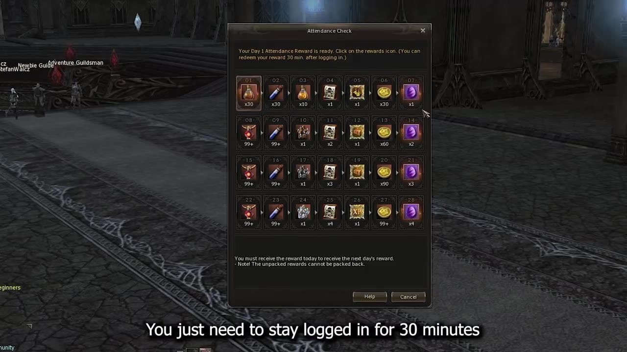 The attendance rewards system interface showing login reward details with various rewards displayed for different days.