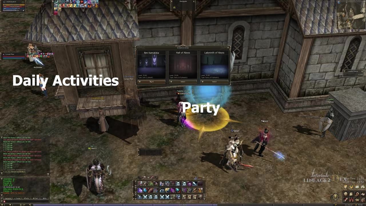 A display of instance zones showing three dungeon options and a party area in a medieval setting.