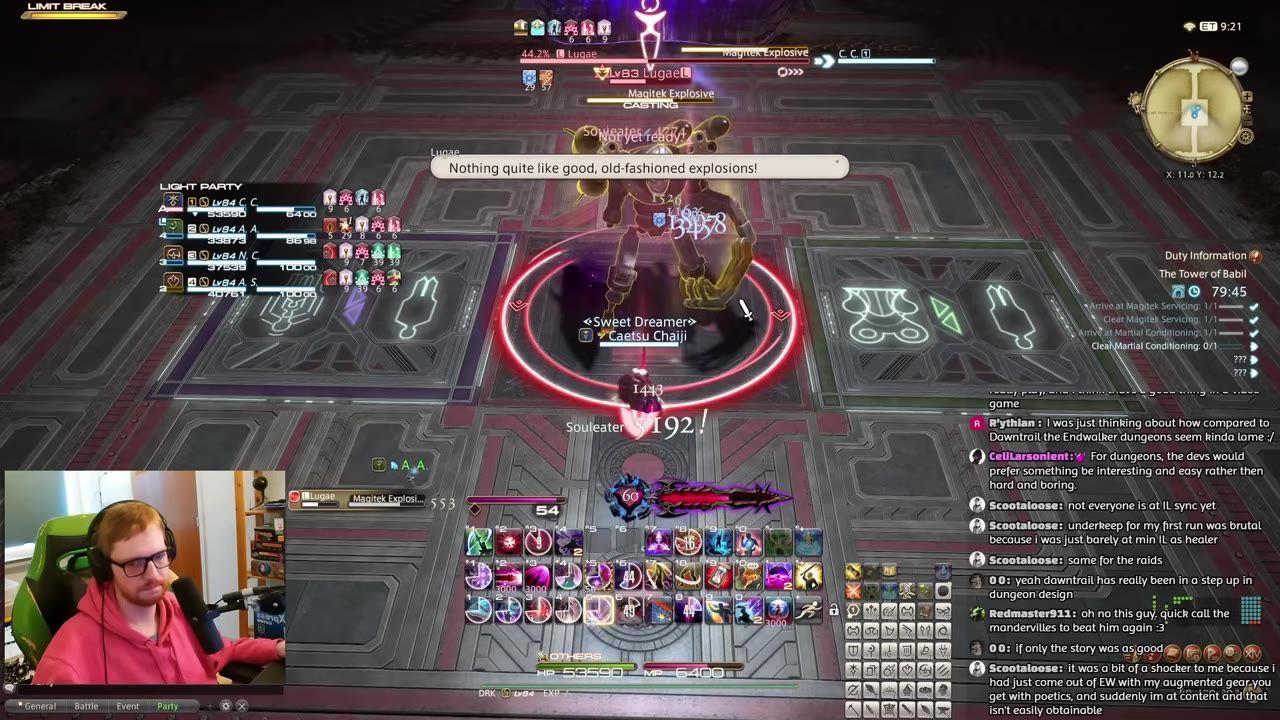 Game screen showing a Dark Knight performing actions during combat, with UI elements, health bars, and ability icons.