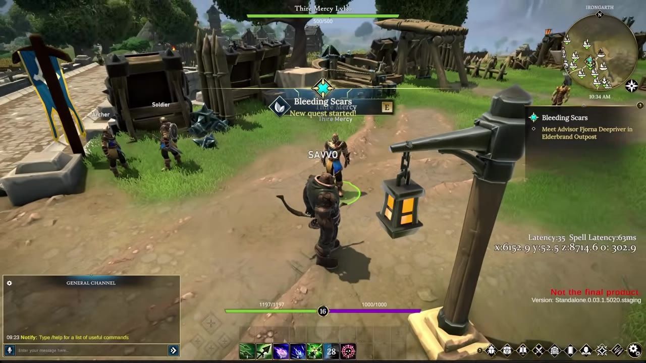 A character is starting a quest named 'Bleeding Scars' with an NPC in a medieval-style town.