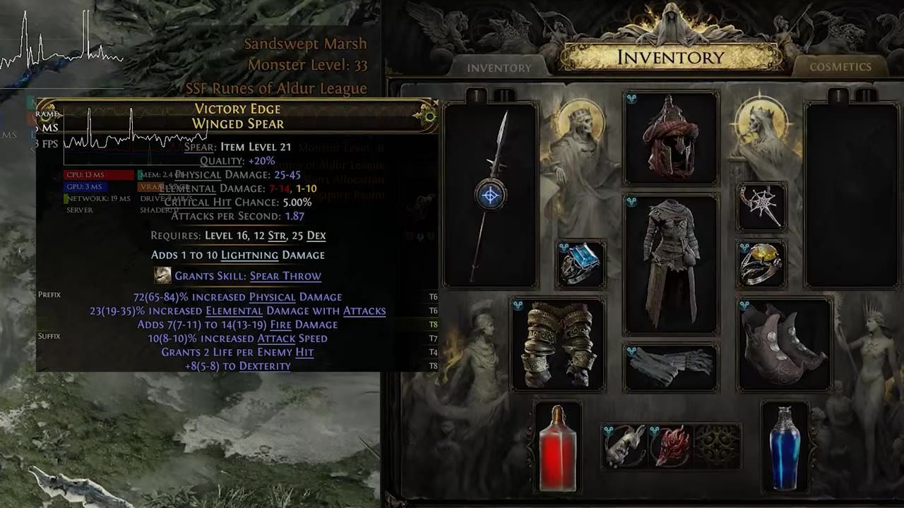 An inventory screen showing a weapon with detailed stats in a game.