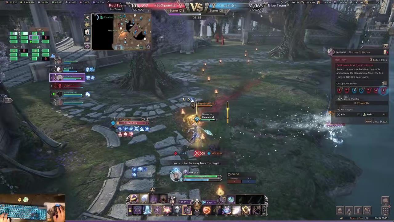 Spellblade character engaged in PvP combat, performing abilities with UI elements visible.