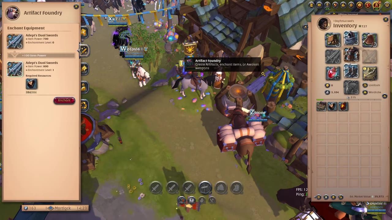In-game screenshot showing the Artifact Foundry interface with rune enchantments details.