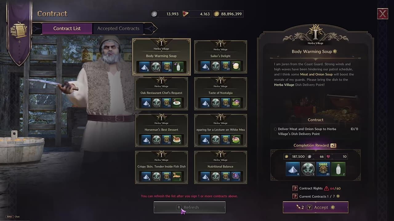 A cooking contract menu in a game with various options displayed.