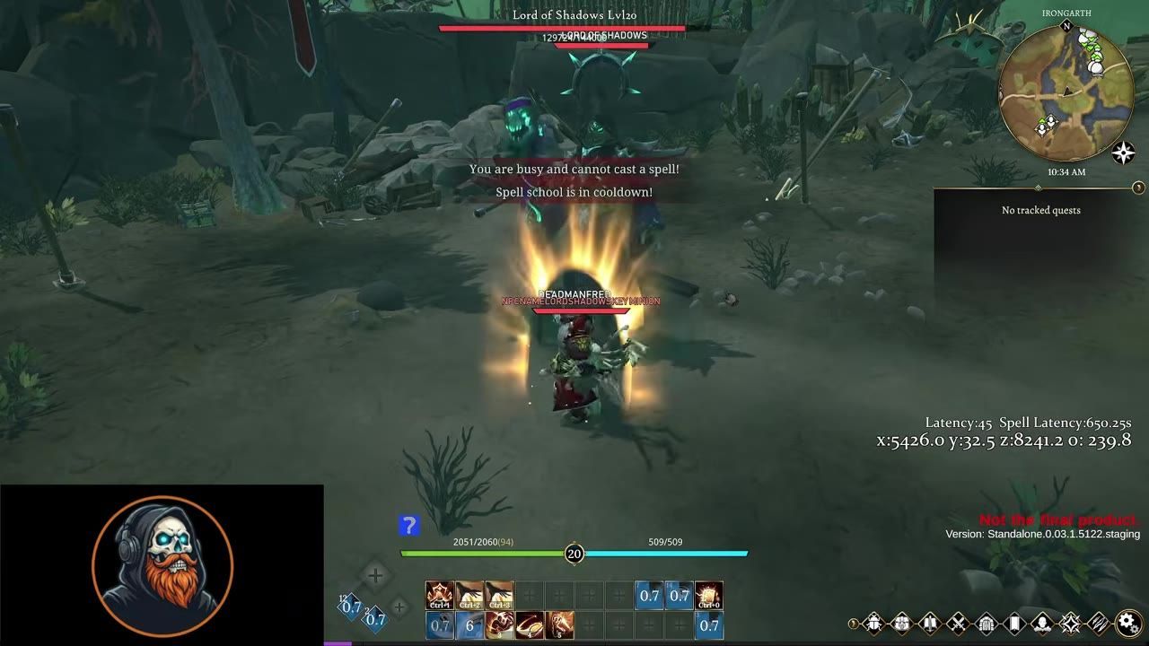 A scene showing a battle with the 'Lord of Shadows' world boss, including health bar and character action.