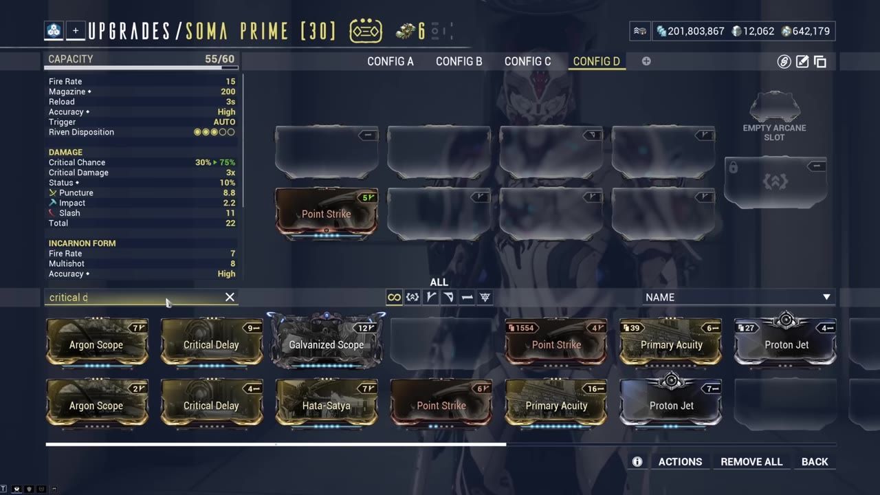 A game upgrade screen for a weapon listing critical chance and damage enhancements.