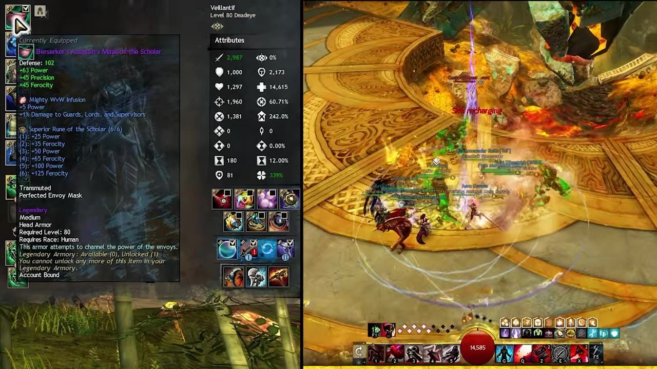 Game interface displaying equipped gear, runes, and character attributes alongside an active combat scene.