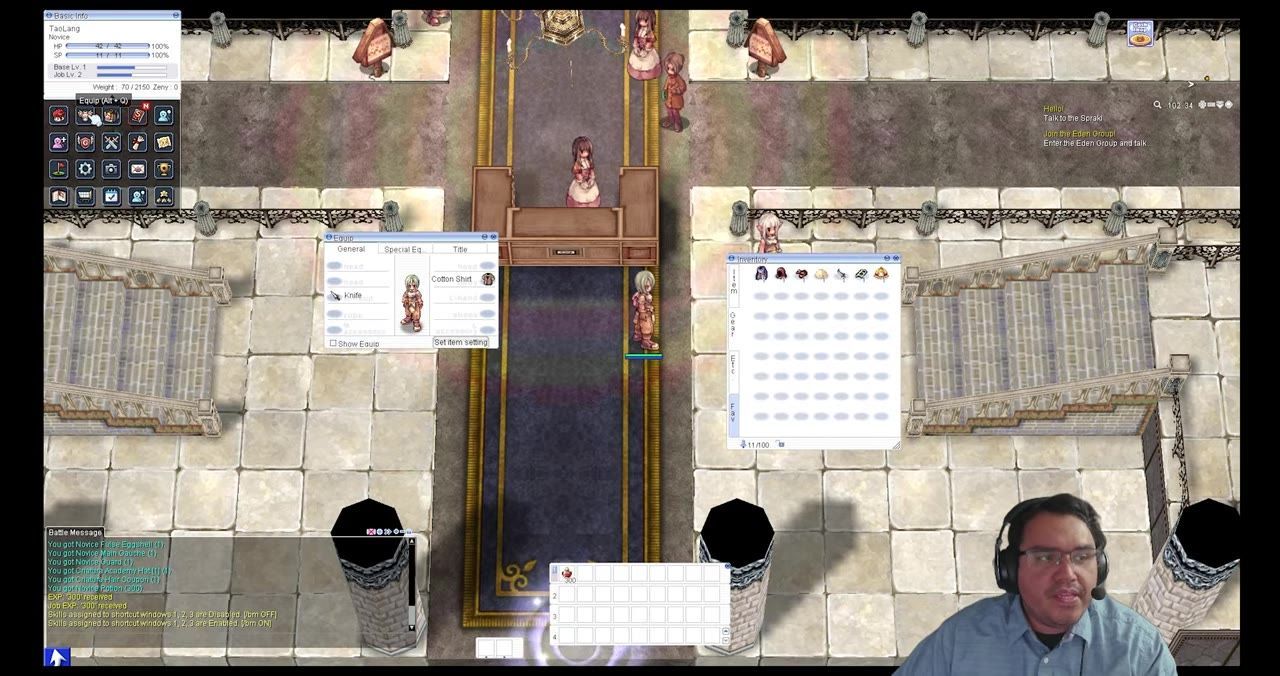 A game screen showing the inventory and equipment panels with gear equipped.
