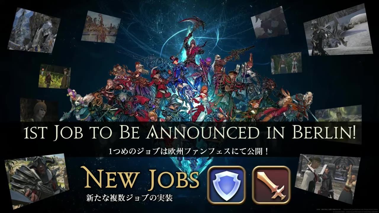 Image showing a banner about job announcements in Berlin, with visuals of various characters and job symbols.