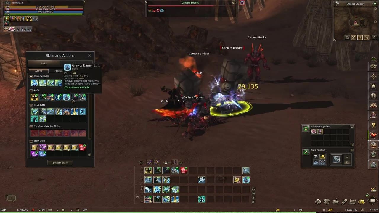 A character fighting mobs using combat animations, with skill icons and UI displayed.