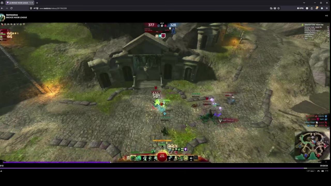 A game screen showing a team fight in progress near a dueling area, with abilities and indicators visible.