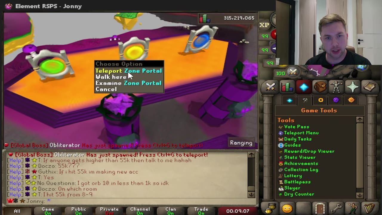 A game scene showing zone portals and a player interaction menu.