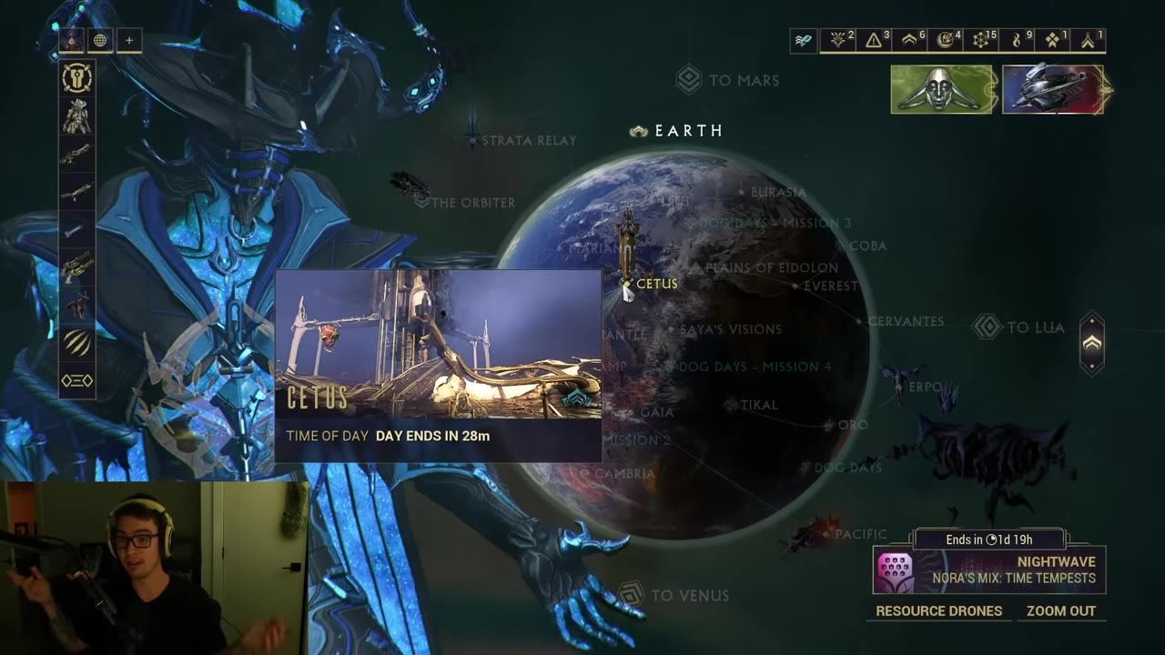 A map showing a hub location called Cetus with associated options and a depiction of a character overlay.