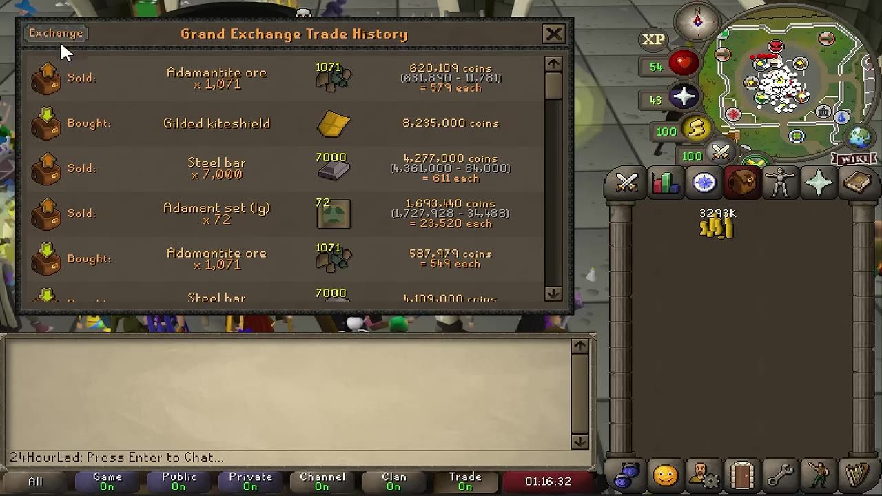 A game interface showing a trading history with Gilded kiteshield transaction details.