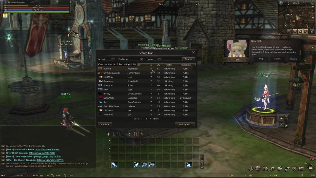 An in-game scene with the clan menu open and a list of recruiting clans visible.