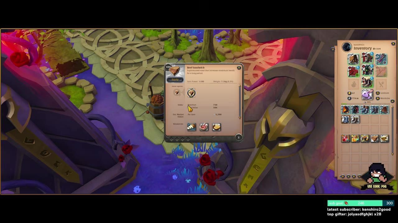Inventory screen showing various items including food and potions, with Beef Sandwich highlighted and detailed.