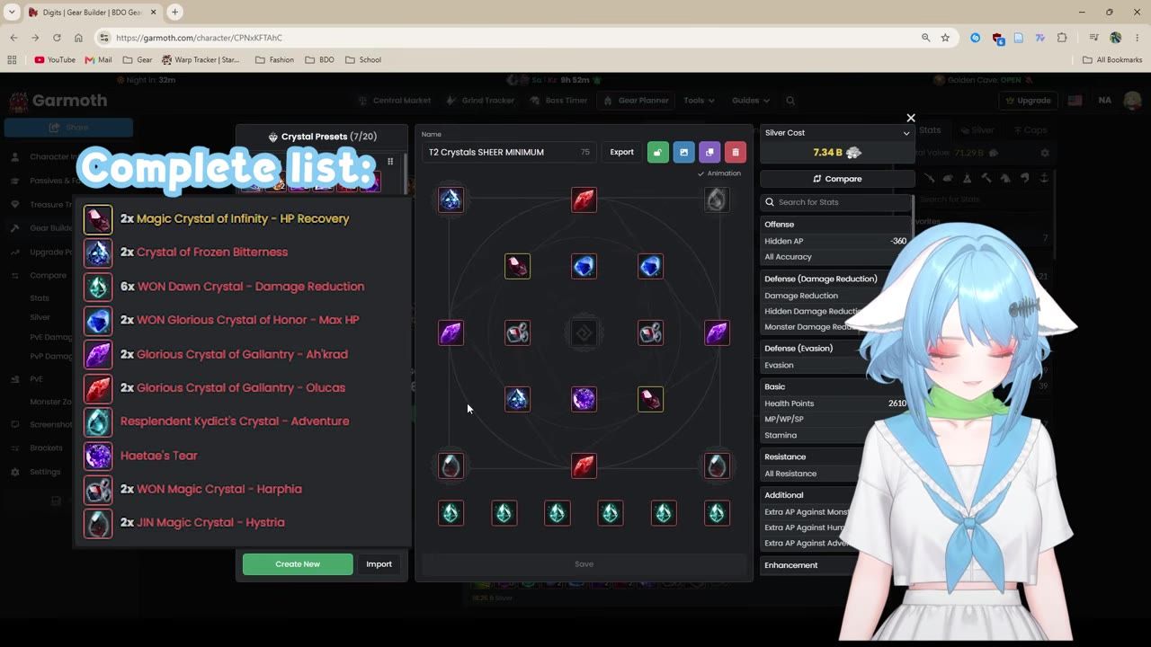 A gear planner screen shows a crystal preset list, a socket layout with multiple crystals, and a stats panel, with a character avatar overlay on the right.
