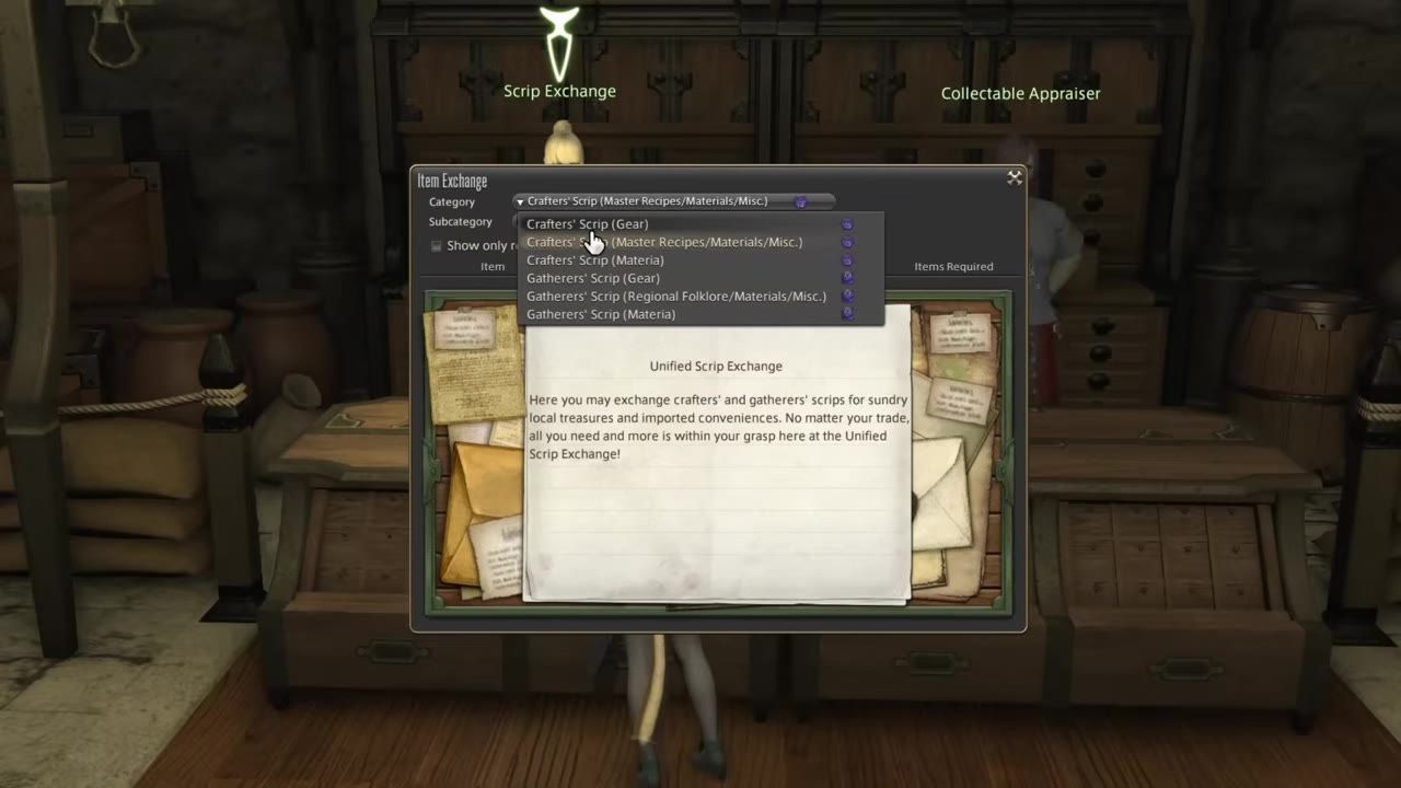 A game interface showing a scrip exchange menu with multiple options for crafters and gatherers.
