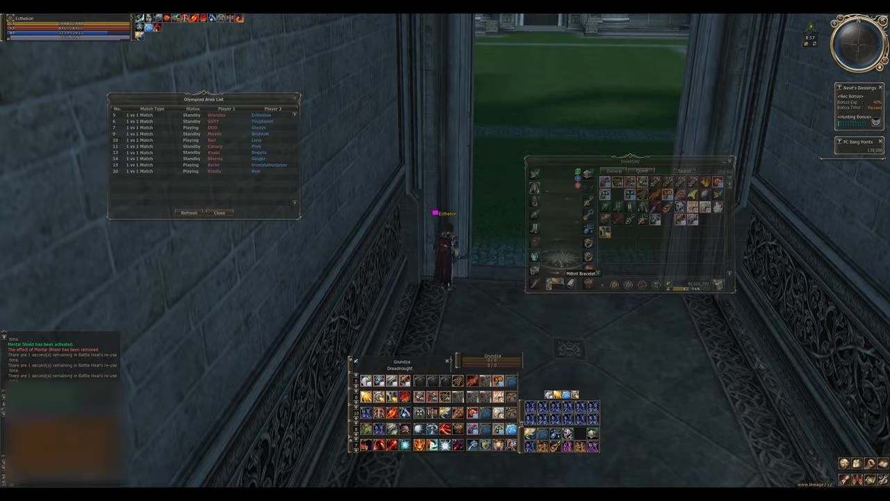 Gameplay screen showing character positioned near a corner in a scenic area, inventory and skill bars displayed.