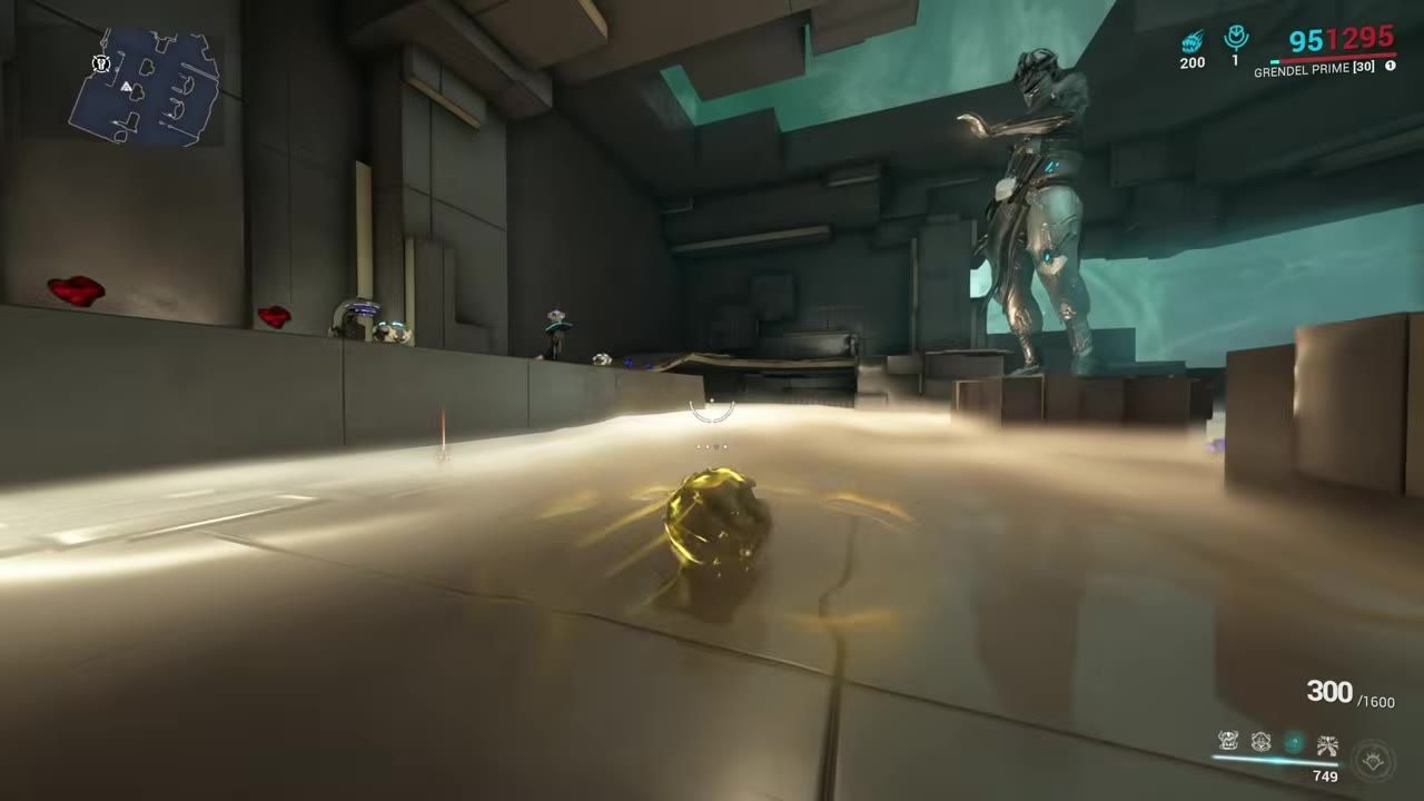 A golden spherical object representing Grendel in Pulverize form rolling across a reflective floor.