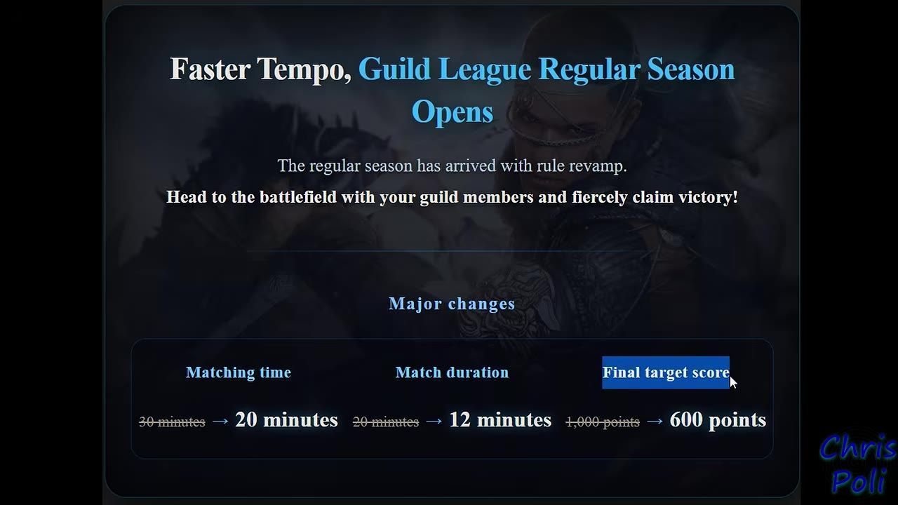 Guild League interface showing updated rules including times and scores.
