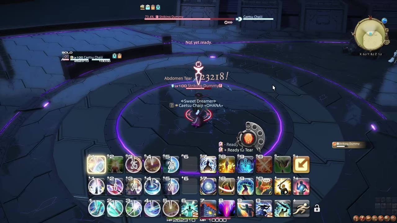 A player character performing an attack on a training dummy in Final Fantasy XIV, with ability icons displayed.