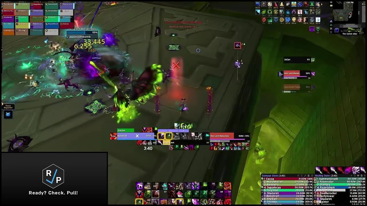 Game action showing Hex Lord Malacrass fight with visible ghosts and red world marker.