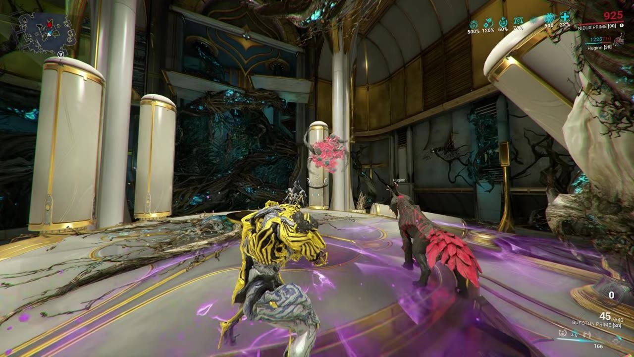 A Warframe character using the Larva ability with enemies captured in a grappling orb.