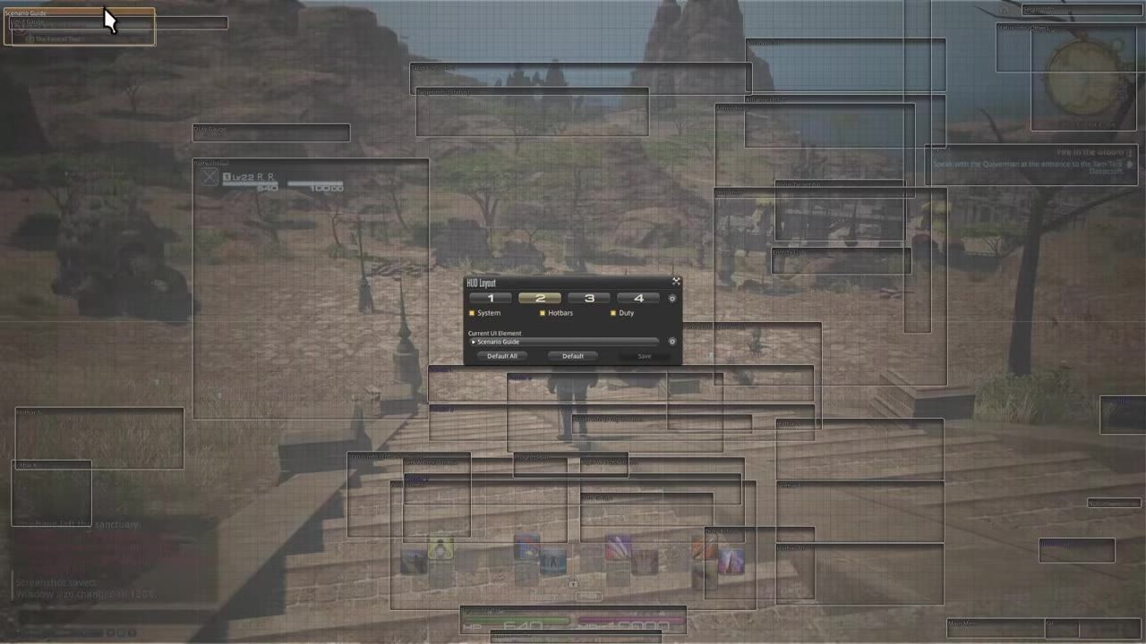 A video game HUD customization menu is open on the screen with layout options and editable UI elements.