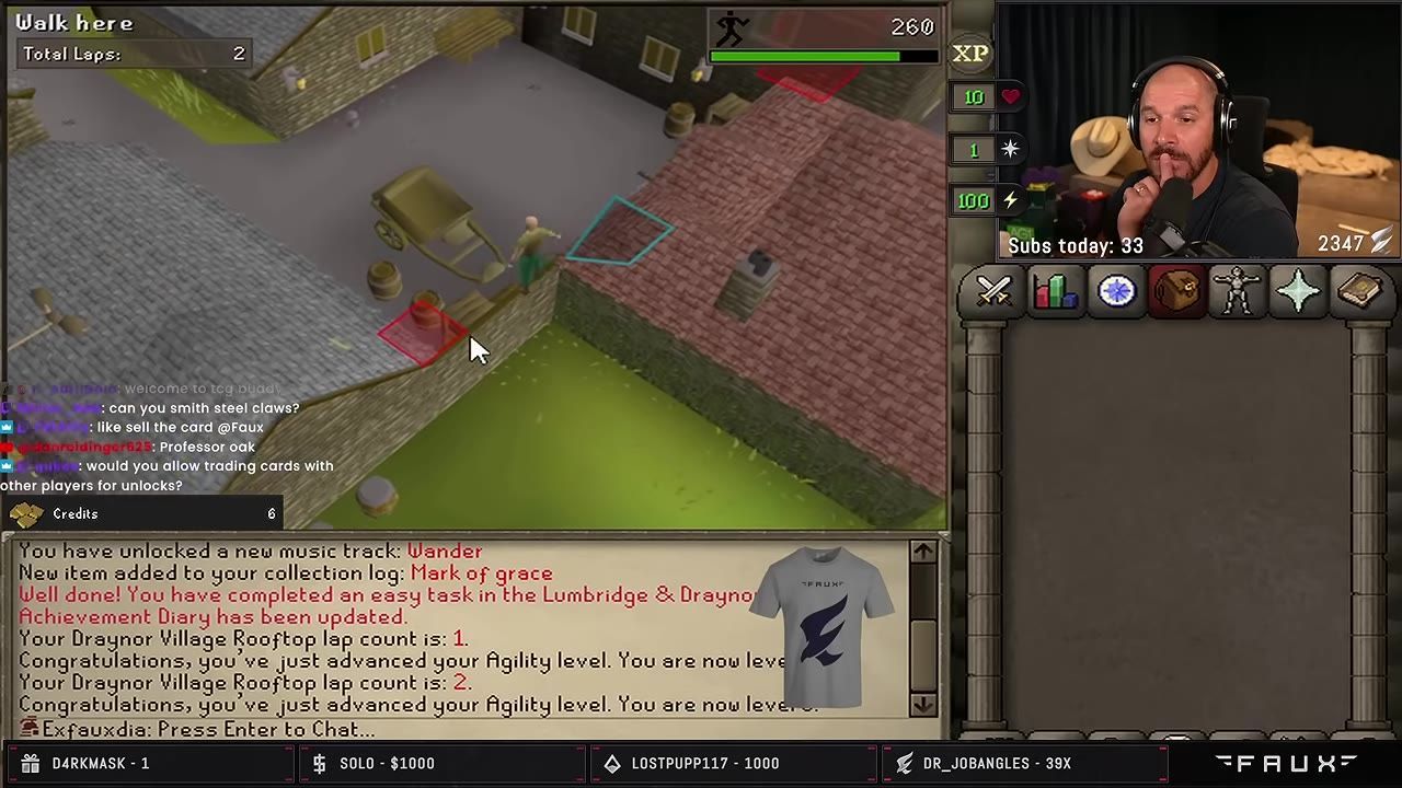 Game interface showing Rooftop Agility course progress and earned credits from TCG plugin.